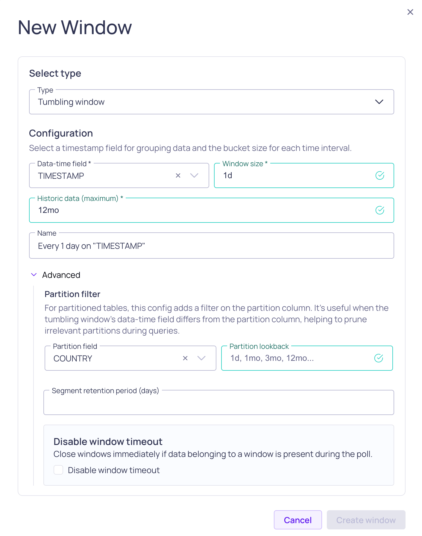 Improved tumbling window configurations