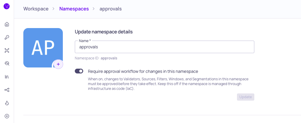 The namespace settings with the Require approval workflow toggle turned on