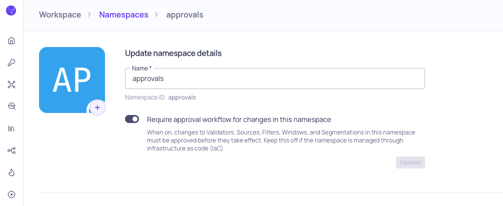 The namespace settings with the Require approval workflow toggle turned on