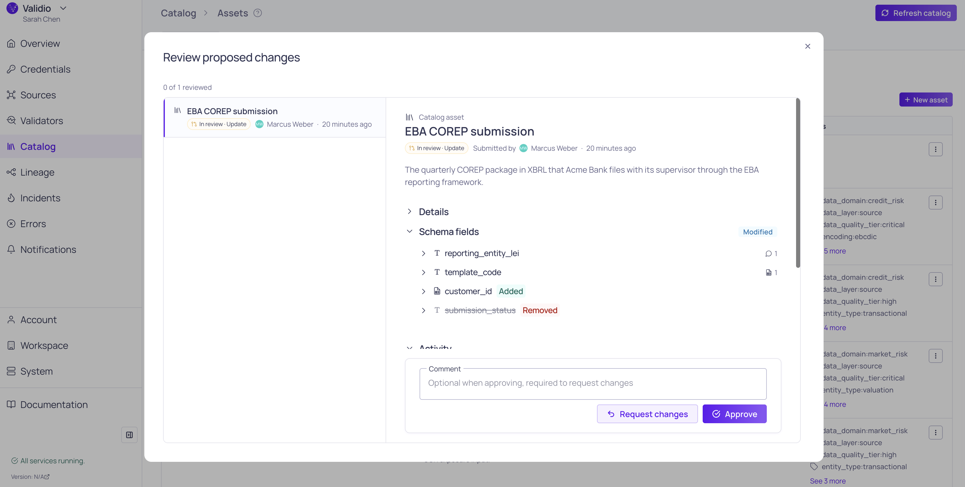 The review dialog for a catalog asset in review, showing added and removed schema fields with Request changes and Approve buttons