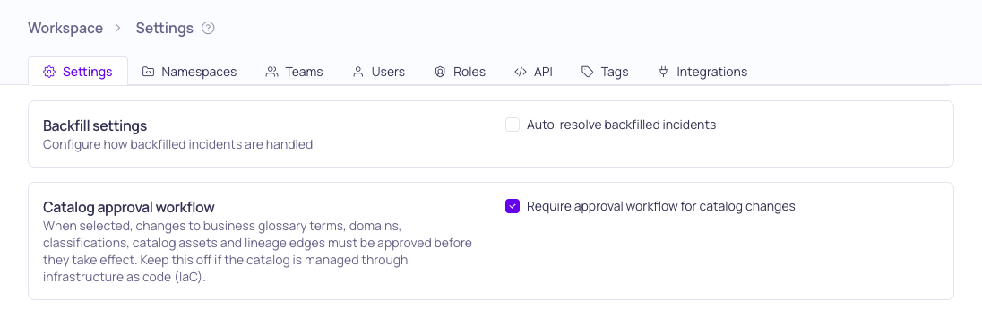 The Catalog approval workflow section of Workspace Settings with Require approval workflow for catalog changes selected