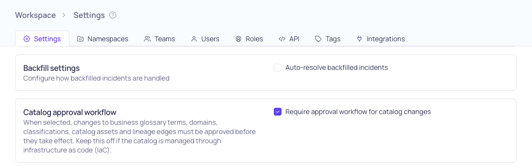 The Catalog approval workflow section of Workspace Settings with Require approval workflow for catalog changes selected