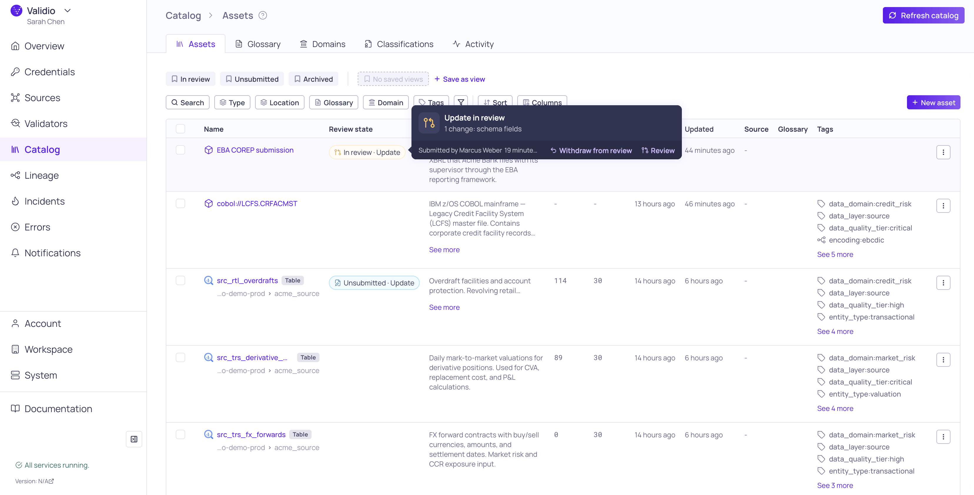The Catalog Assets list with the hover card of an In review chip, showing the submitter and the Withdraw from review and Review actions