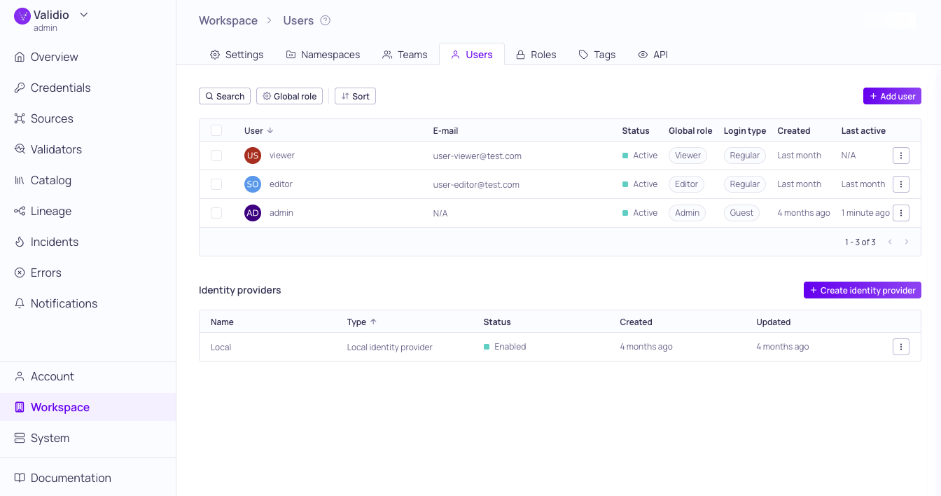 The Workspace Users page showing the user list and the identity providers section