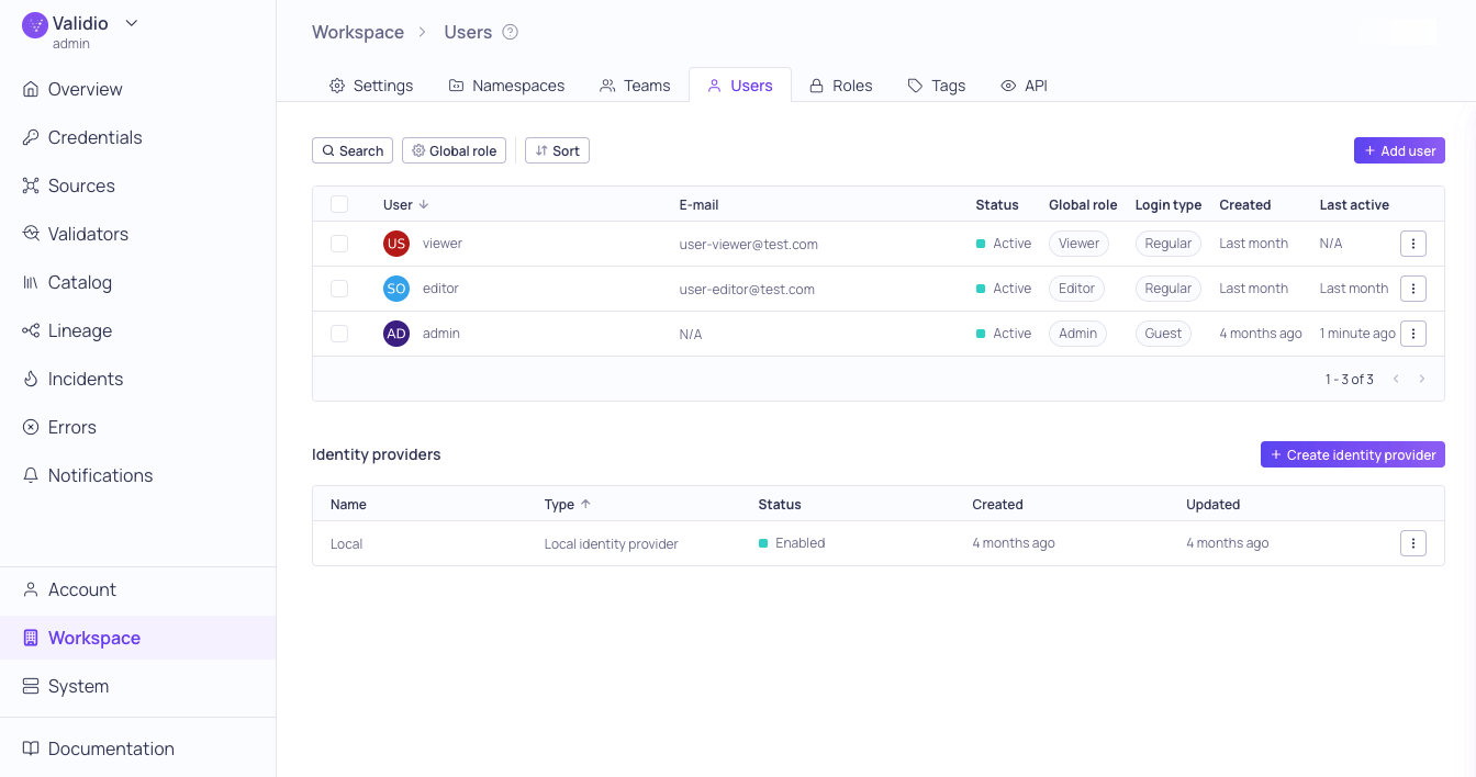 The Workspace Users page showing the user list and the identity providers section