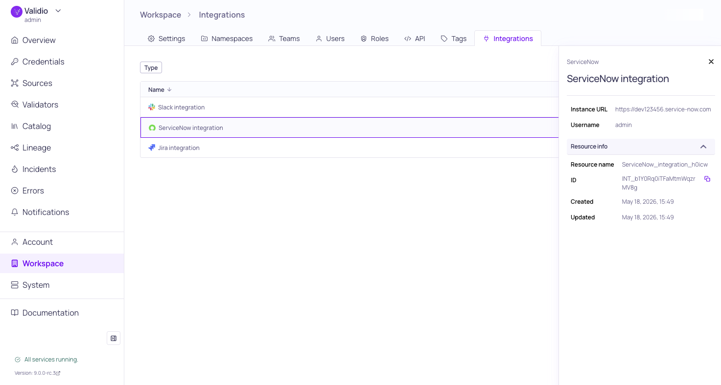 The Integrations page listing configured integrations with the details sidebar open