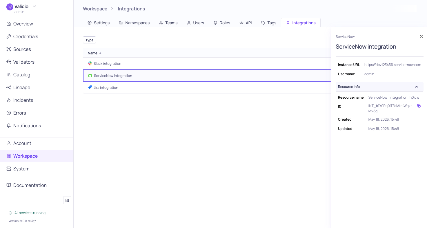 The Integrations page listing configured integrations with the details sidebar open