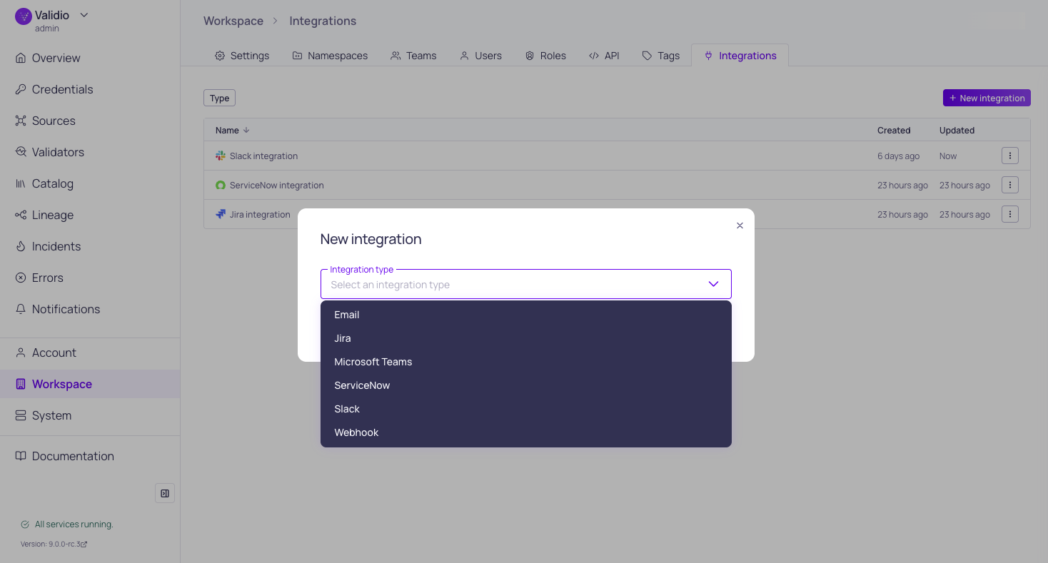 The new integration dialog with the integration type list