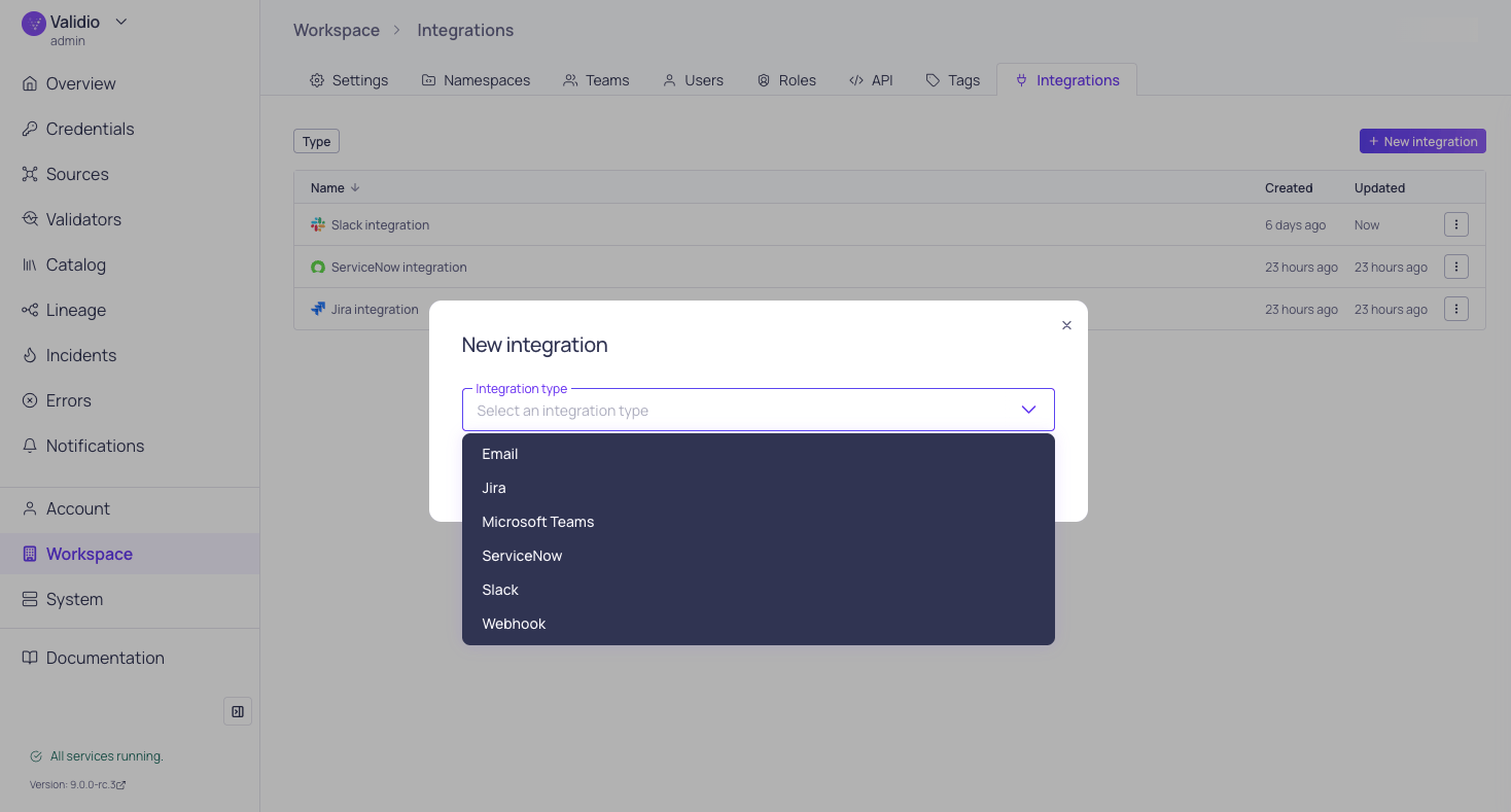 The new integration dialog with the integration type list