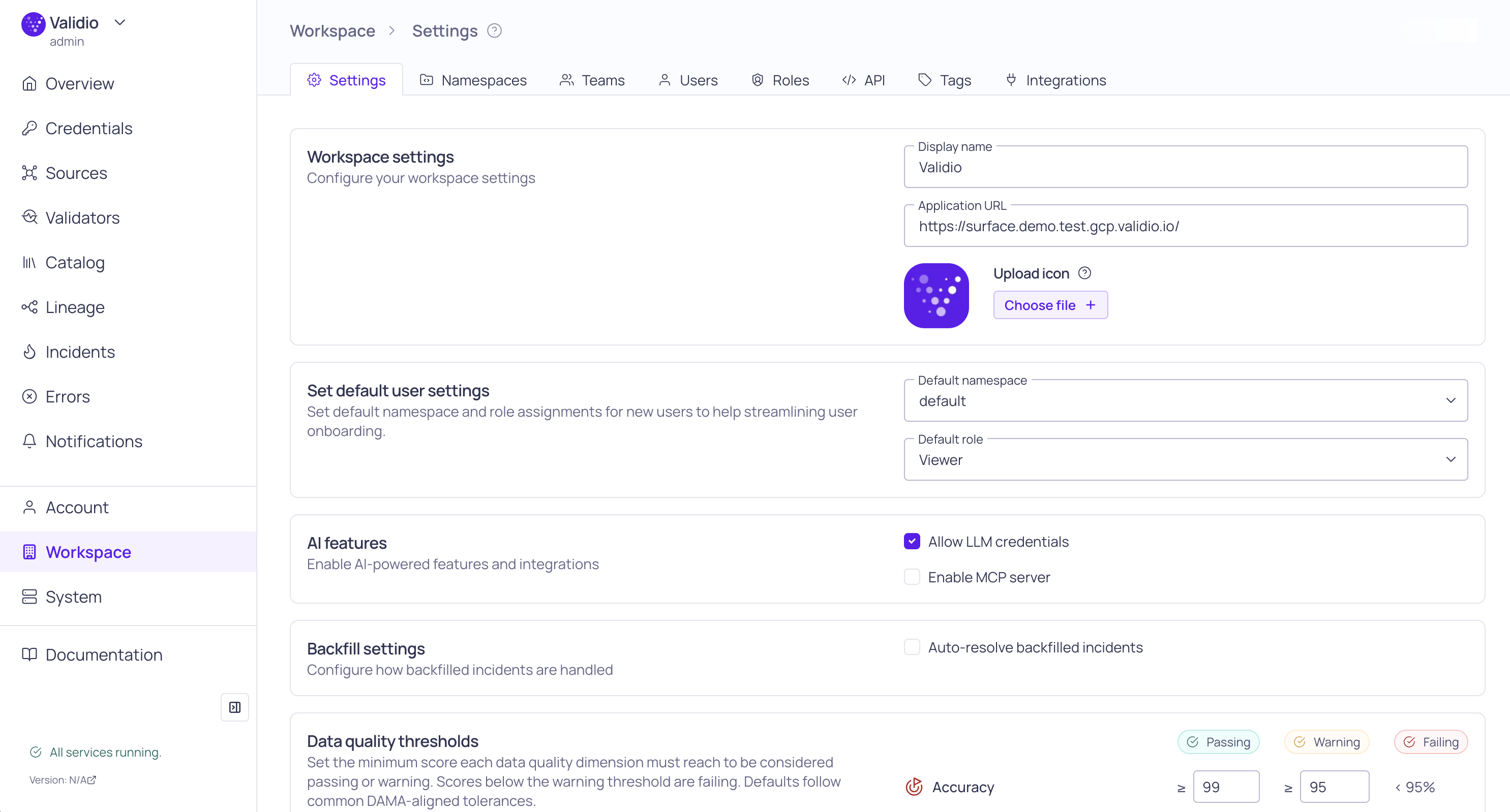 The Workspace Settings page with the workspace, default user, AI features, backfill, and data quality settings