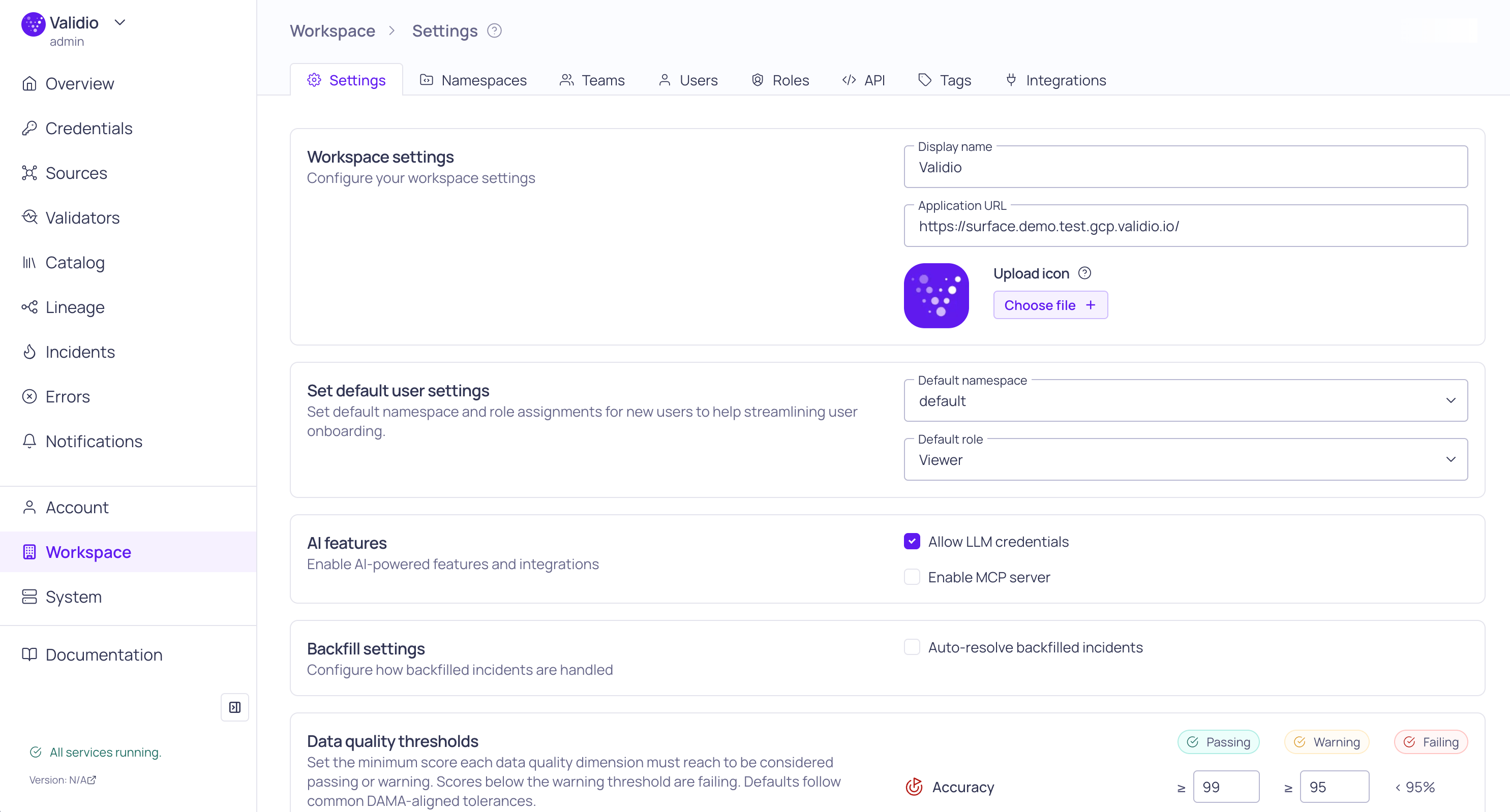 The Workspace Settings page with the workspace, default user, AI features, backfill, and data quality settings