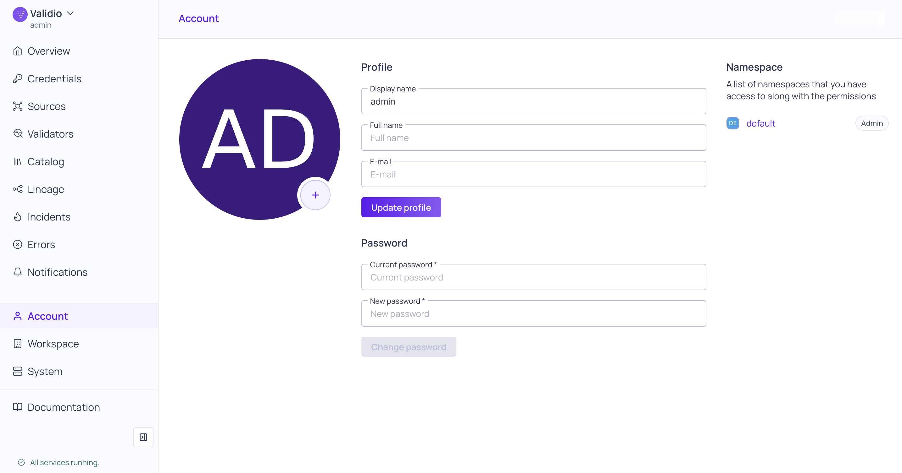 The Account page showing profile information, assigned namespaces, and permissions