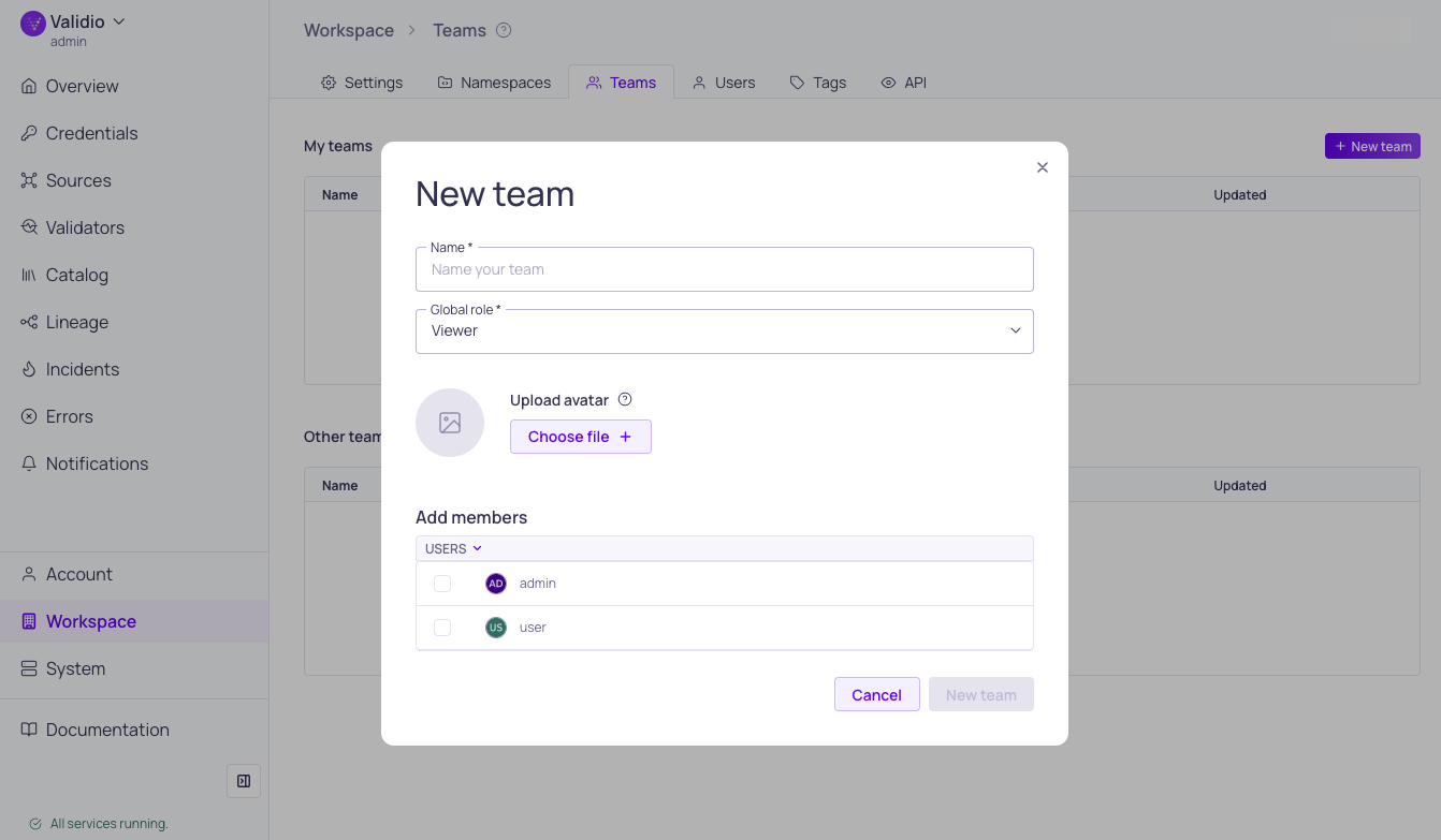 The new team dialog with fields for name, global role, and members