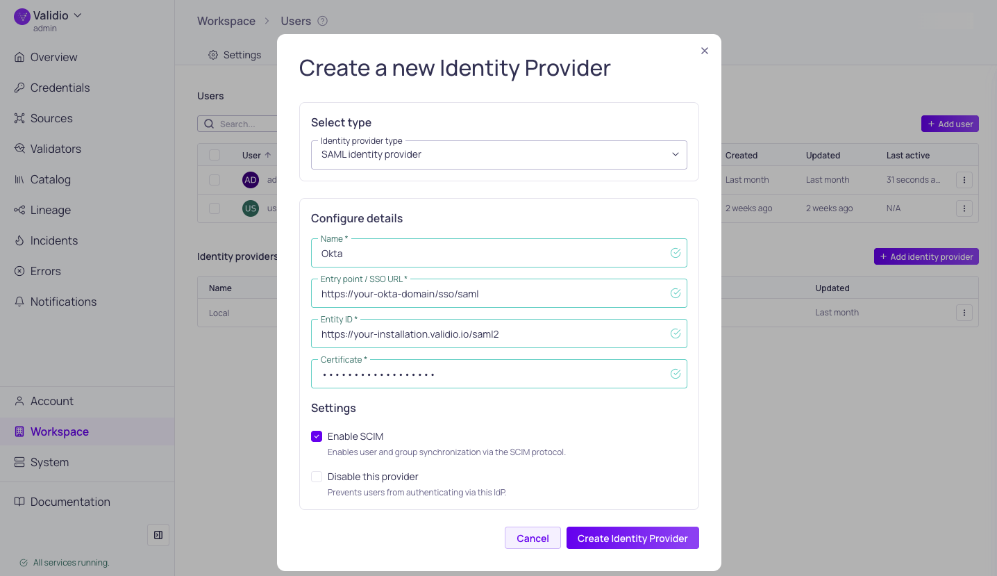 The identity provider configuration dialog with SCIM enabled and the generated SCIM API key