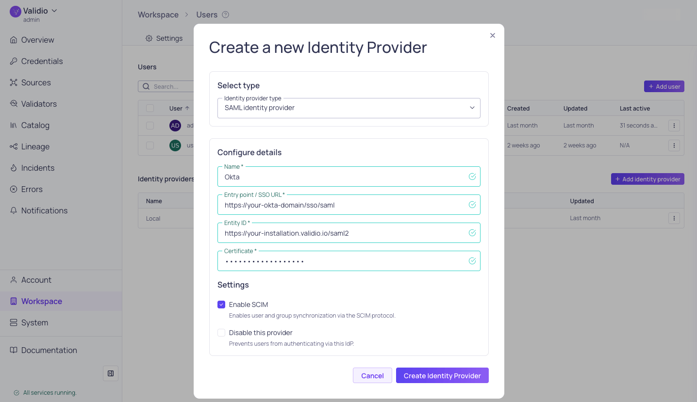 The identity provider configuration dialog with SCIM enabled and the generated SCIM API key