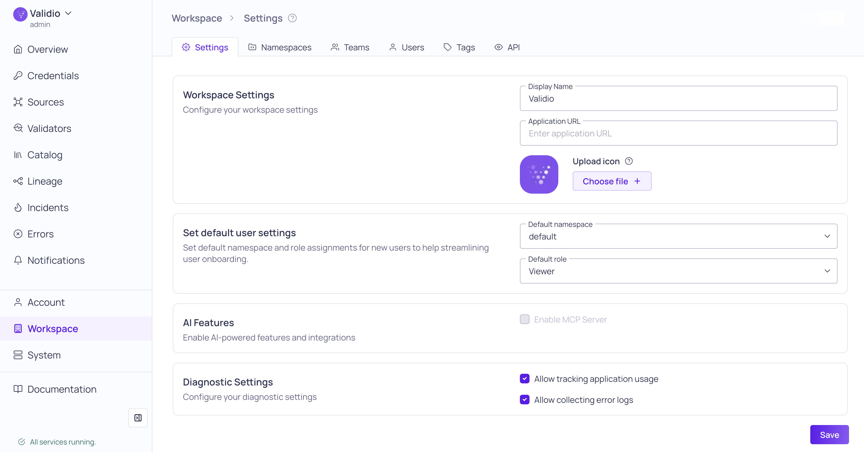 The Workspace Settings page listing the configuration tabs