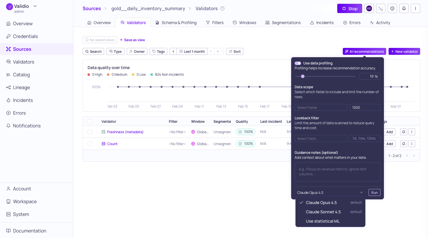 The Validators tab of a source with the AI recommendations action available