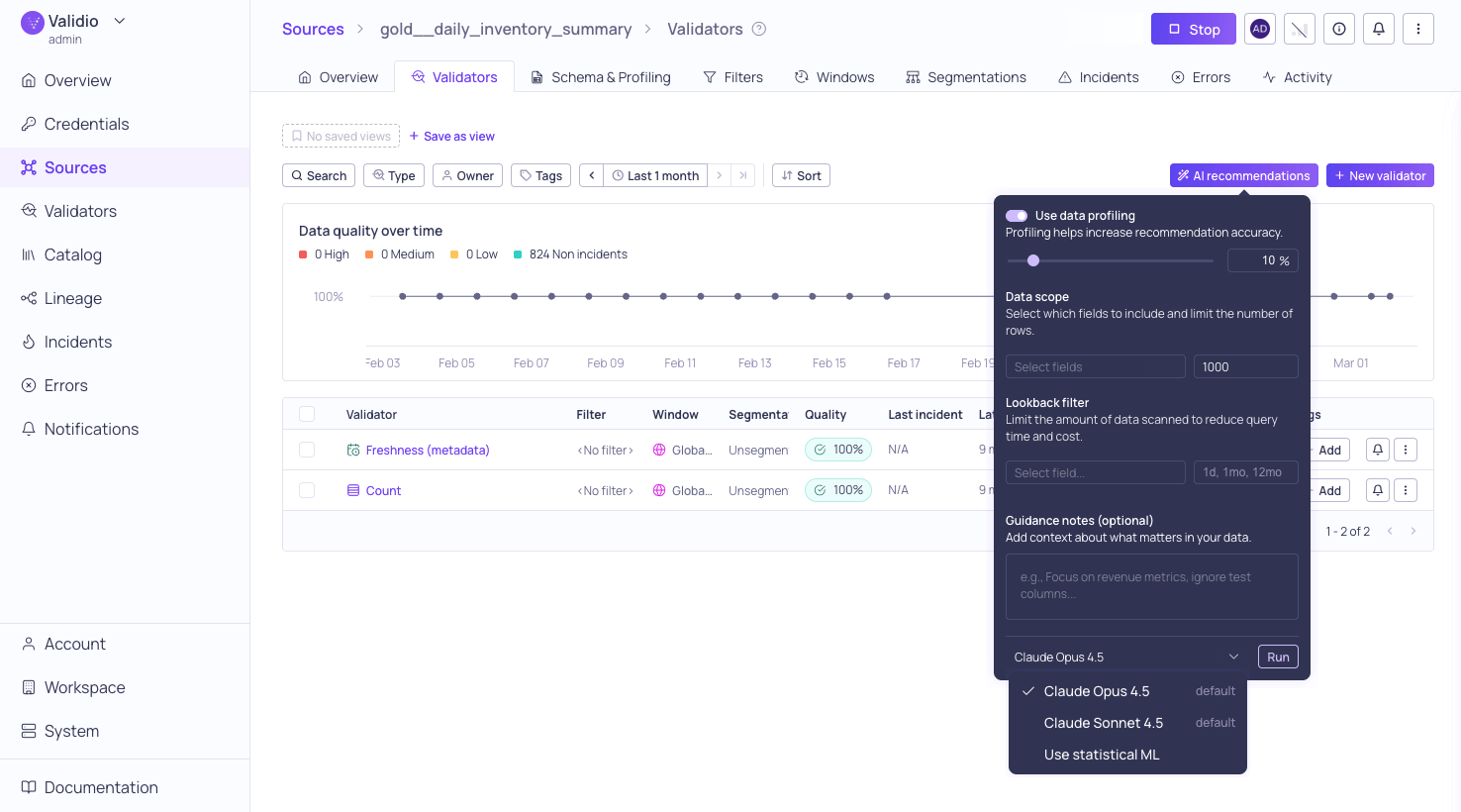 The Validators tab of a source with the AI recommendations action available