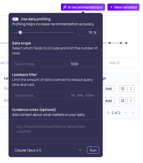 The recommendations dialog with data profiling, guidance notes, and LLM credential options