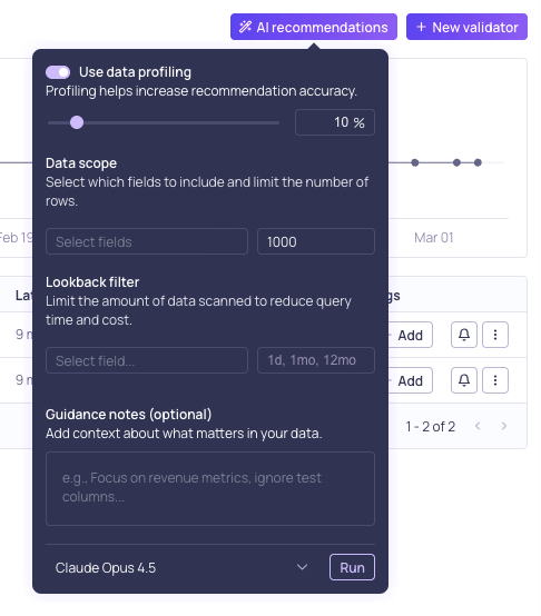 The recommendations dialog with data profiling, guidance notes, and LLM credential options