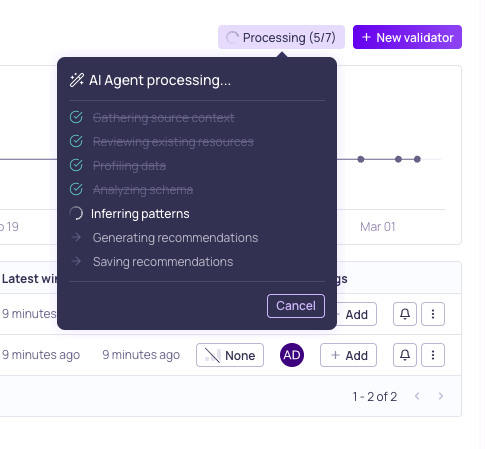 The recommendations progress checklist showing each step as the agent works