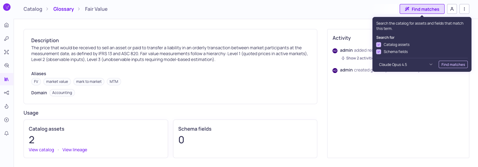The Find matches dialog on a glossary term with options for catalog assets, schema fields, and an LLM credential