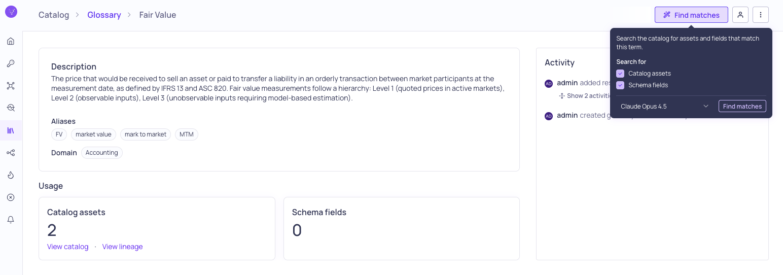 The Find matches dialog on a glossary term with options for catalog assets, schema fields, and an LLM credential