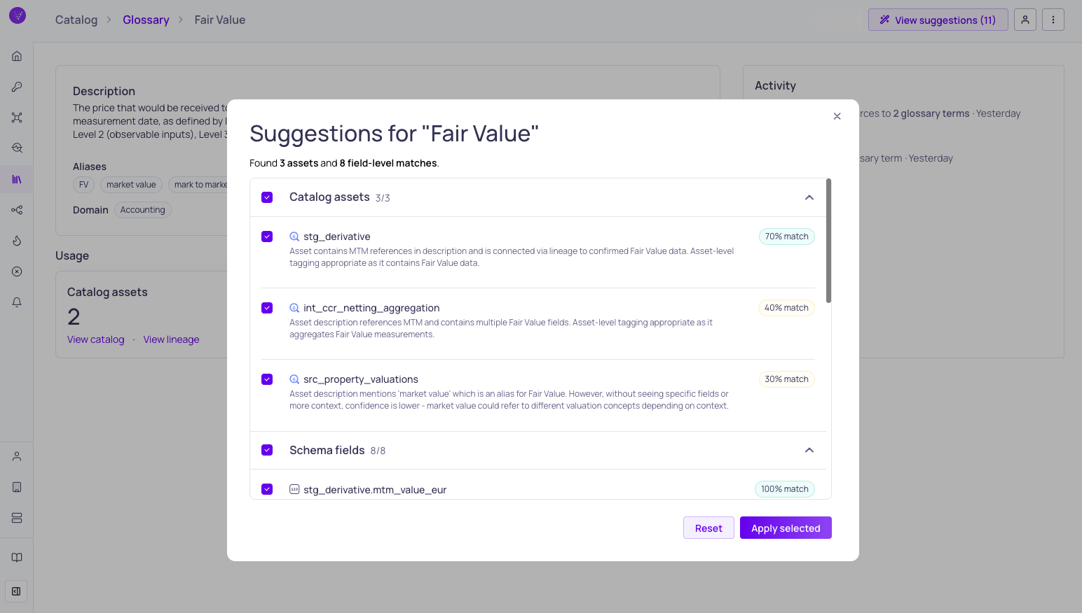 The suggestions preview dialog listing matched catalog assets and schema fields with explanations