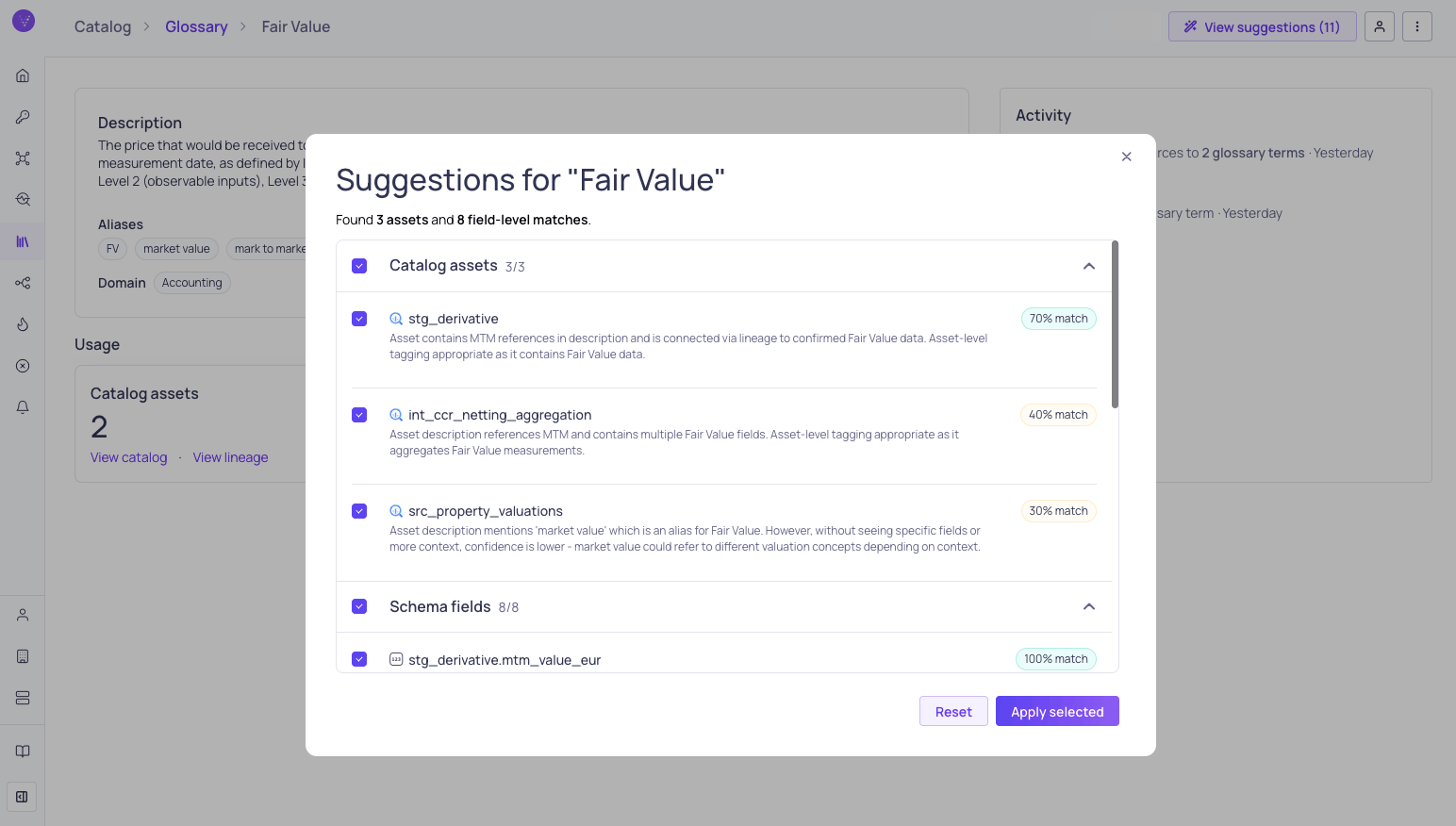 The suggestions preview dialog listing matched catalog assets and schema fields with explanations