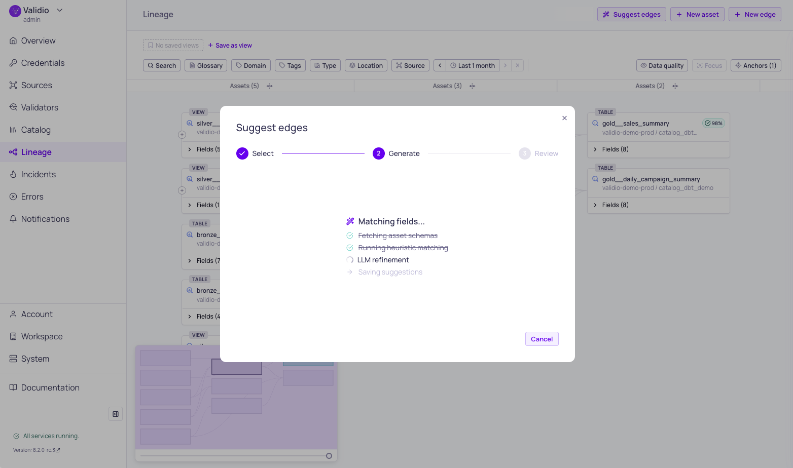 The Suggest edges progress screen showing each matching step in real time