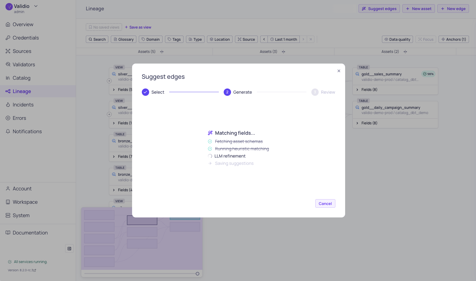 The Suggest edges progress screen showing each matching step in real time