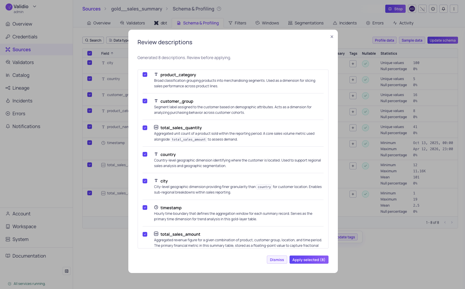 The bulk description review dialog listing generated descriptions for selected schema fields