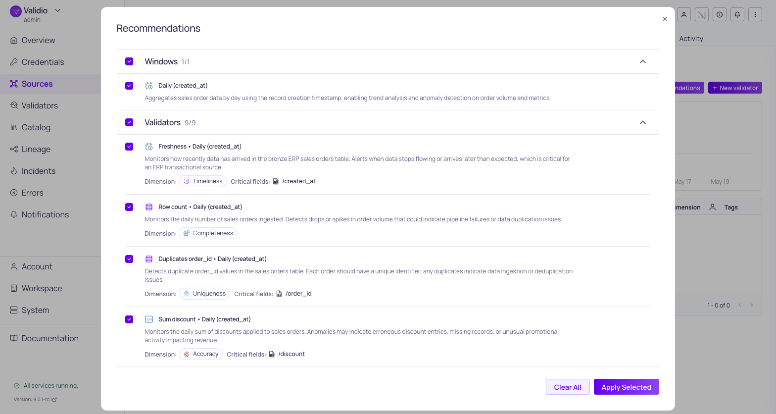 The generated recommendations list with validators, windows, filters, and segmentations and their dependencies