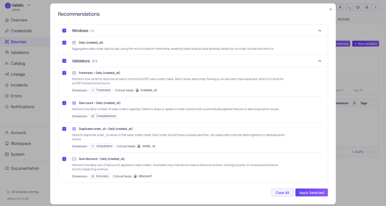 The generated recommendations list with validators, windows, filters, and segmentations and their dependencies