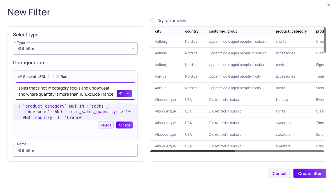 A preview of the generated SQL filter alongside its matching results