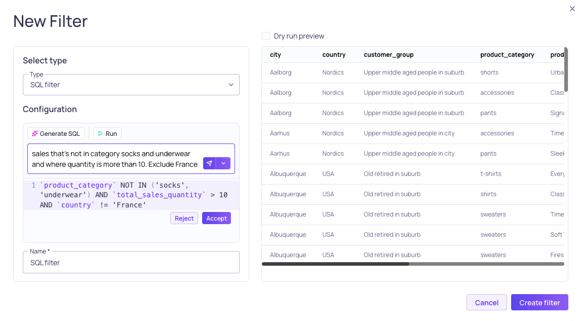 A preview of the generated SQL filter alongside its matching results