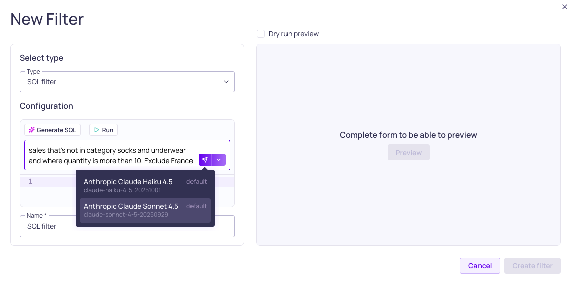 The SQL filter configuration with the LLM credential selector open