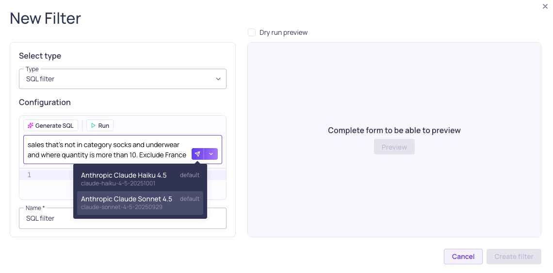 The SQL filter configuration with the LLM credential selector open