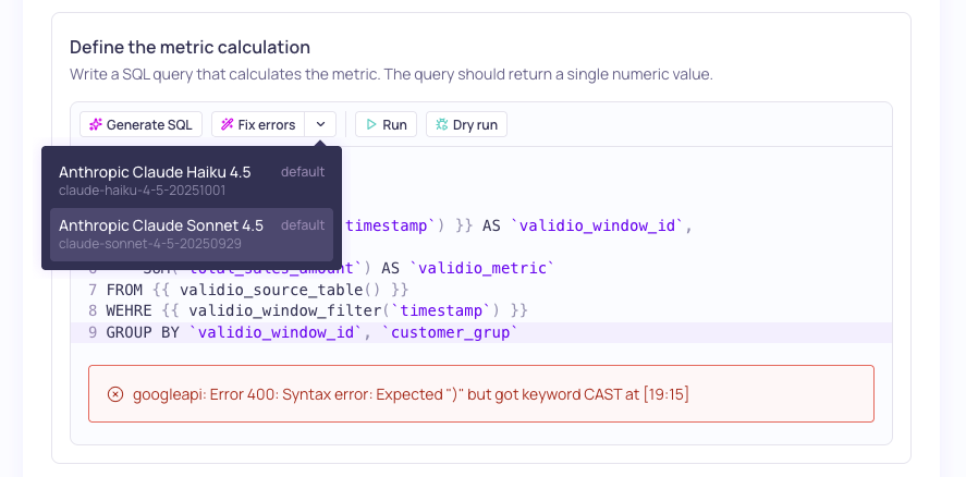 The Fix errors action with the LLM credential selector open on a failing query