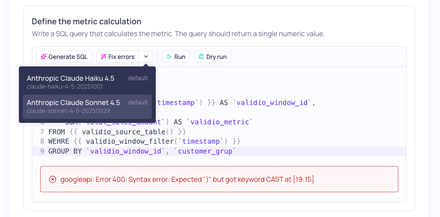 The Fix errors action with the LLM credential selector open on a failing query