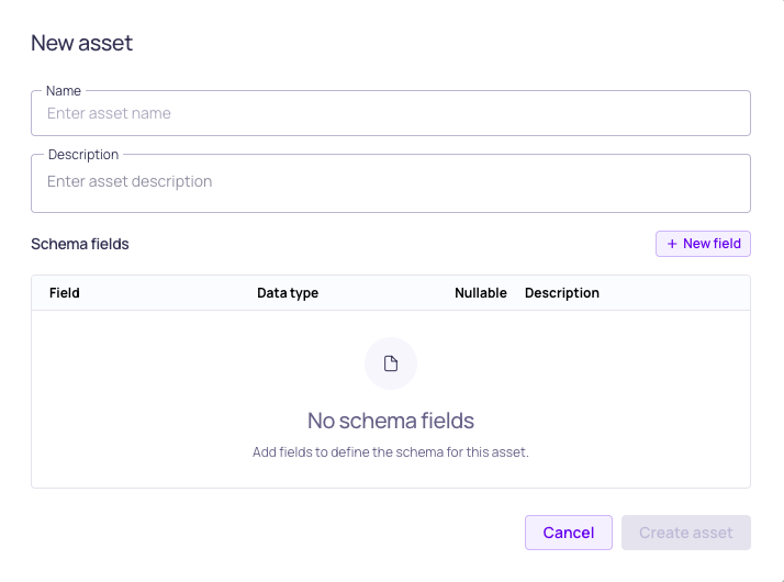 The new asset dialog with fields for the asset name and description