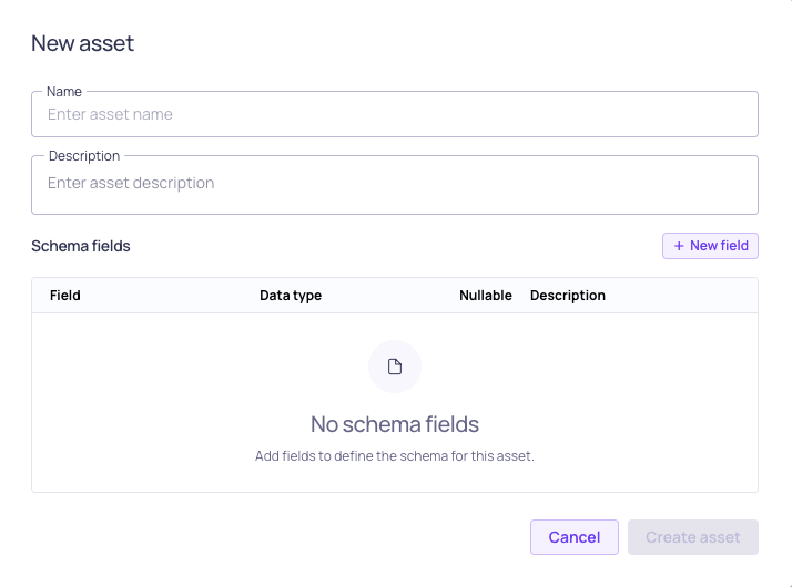 The new asset dialog with fields for the asset name and description
