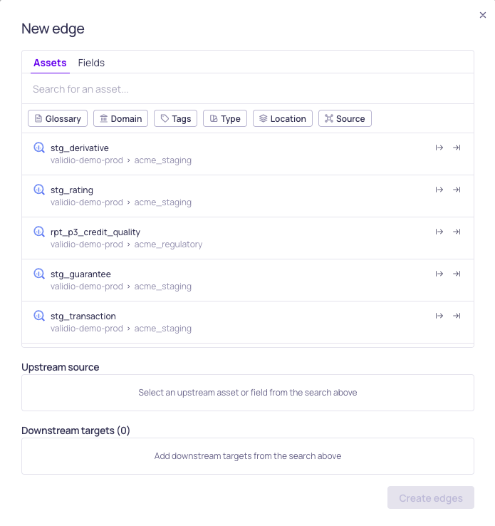The new edge dialog with the upstream and downstream selection lists