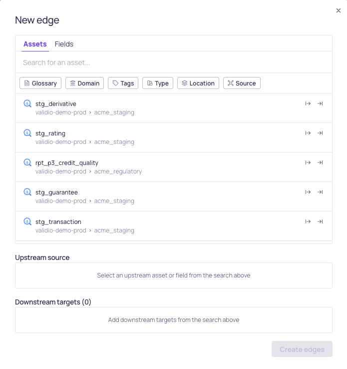 The new edge dialog with the upstream and downstream selection lists