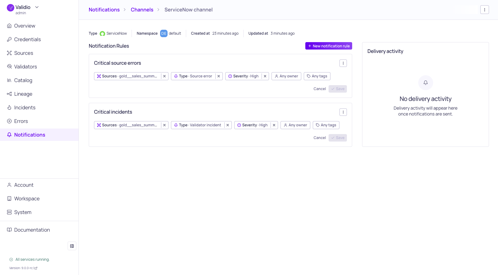 A notification channel details page listing the rules configured on the channel