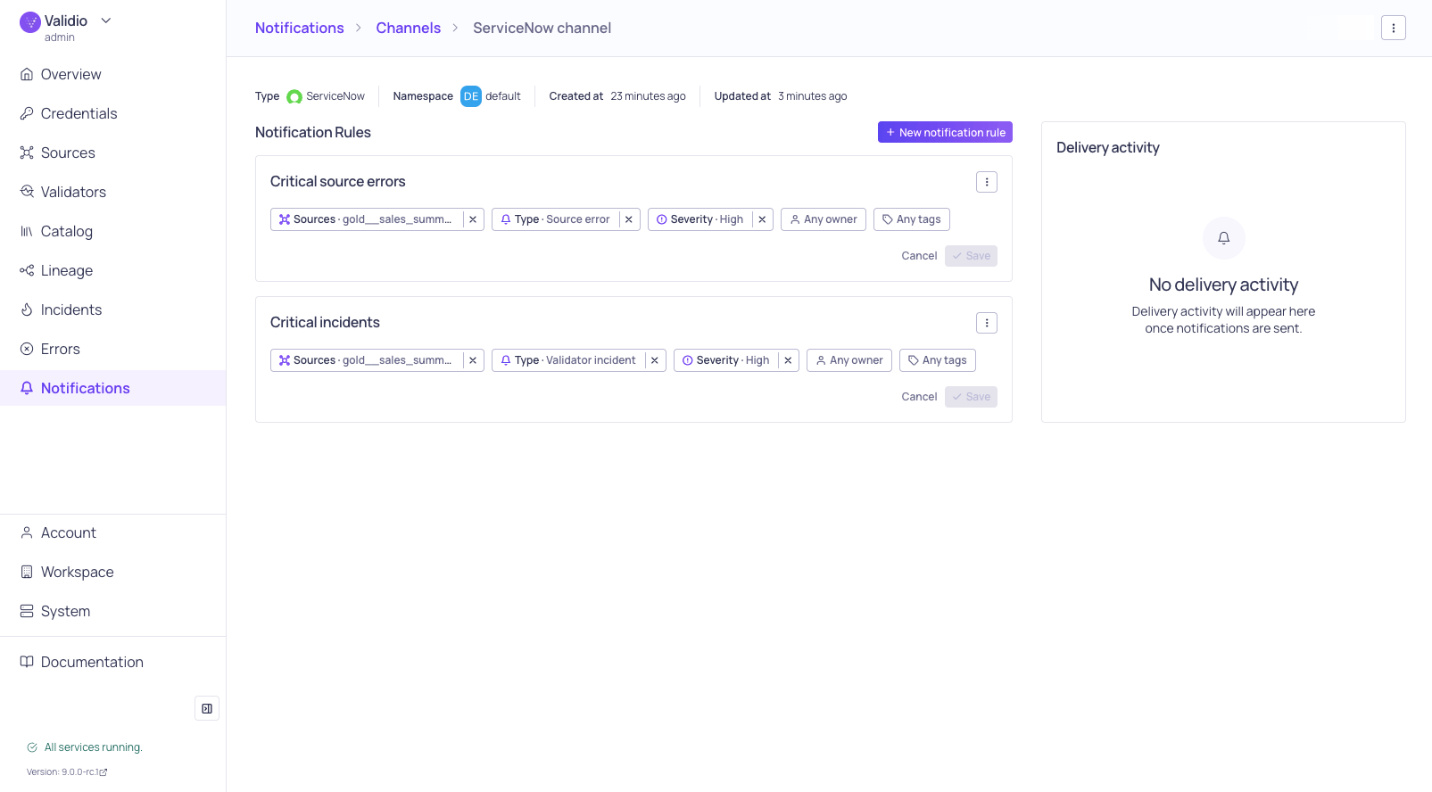 A notification channel details page listing the rules configured on the channel