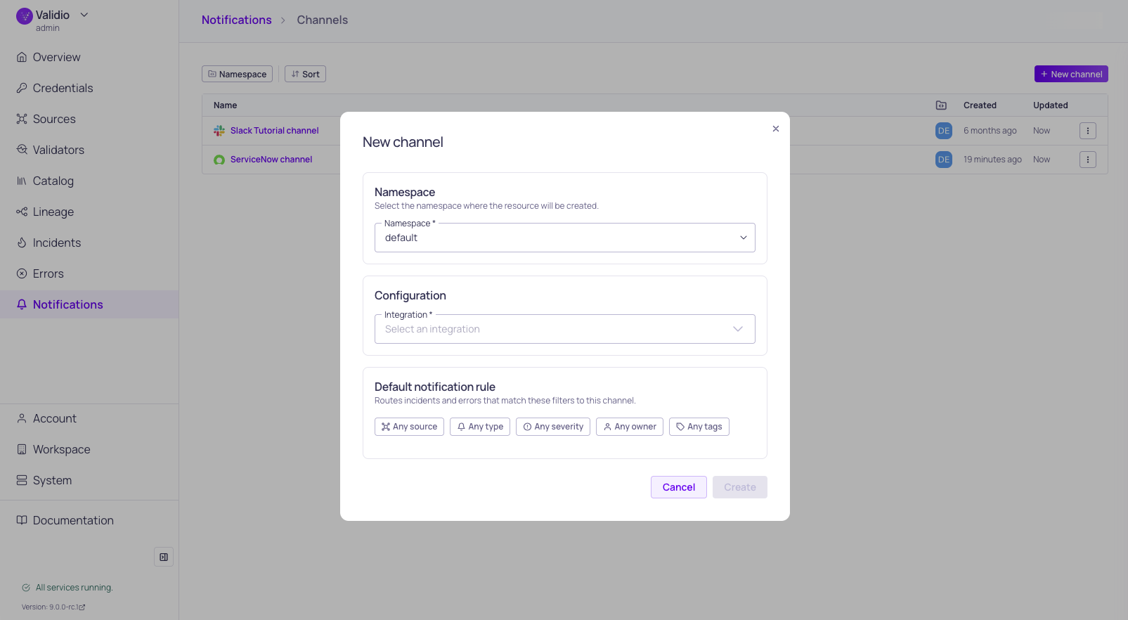 The new notification channel form, with the default notification rule configured alongside it