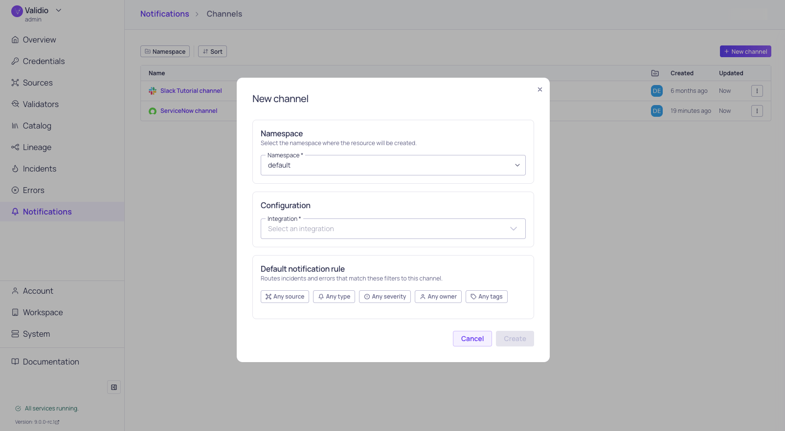 The new notification channel form, with the default notification rule configured alongside it
