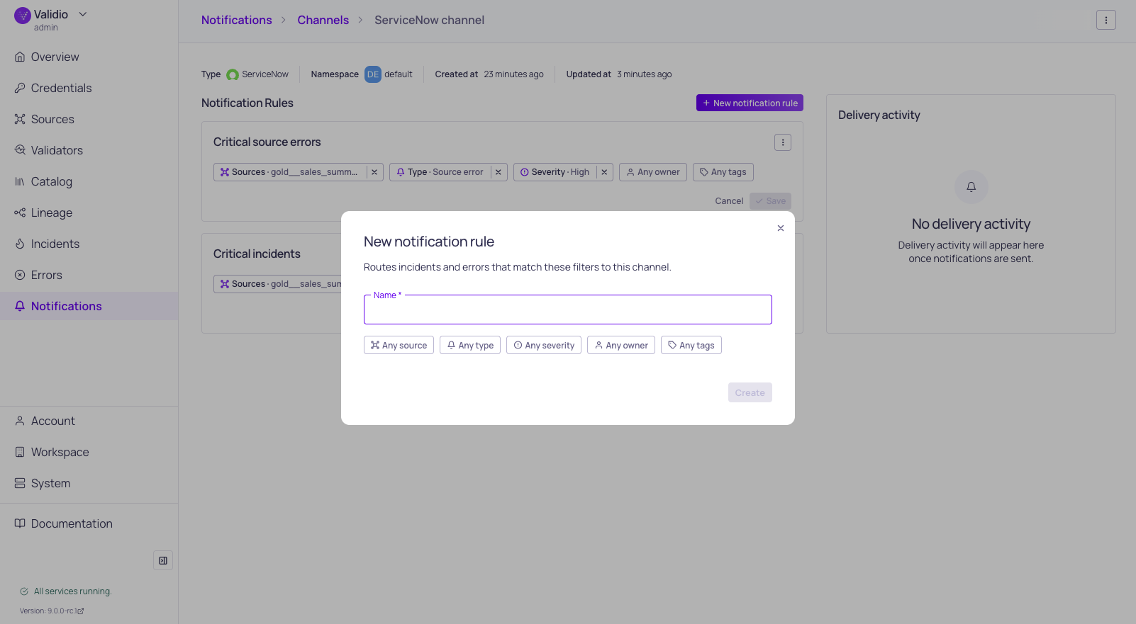 The new notification rule form, with the condition types available for the rule