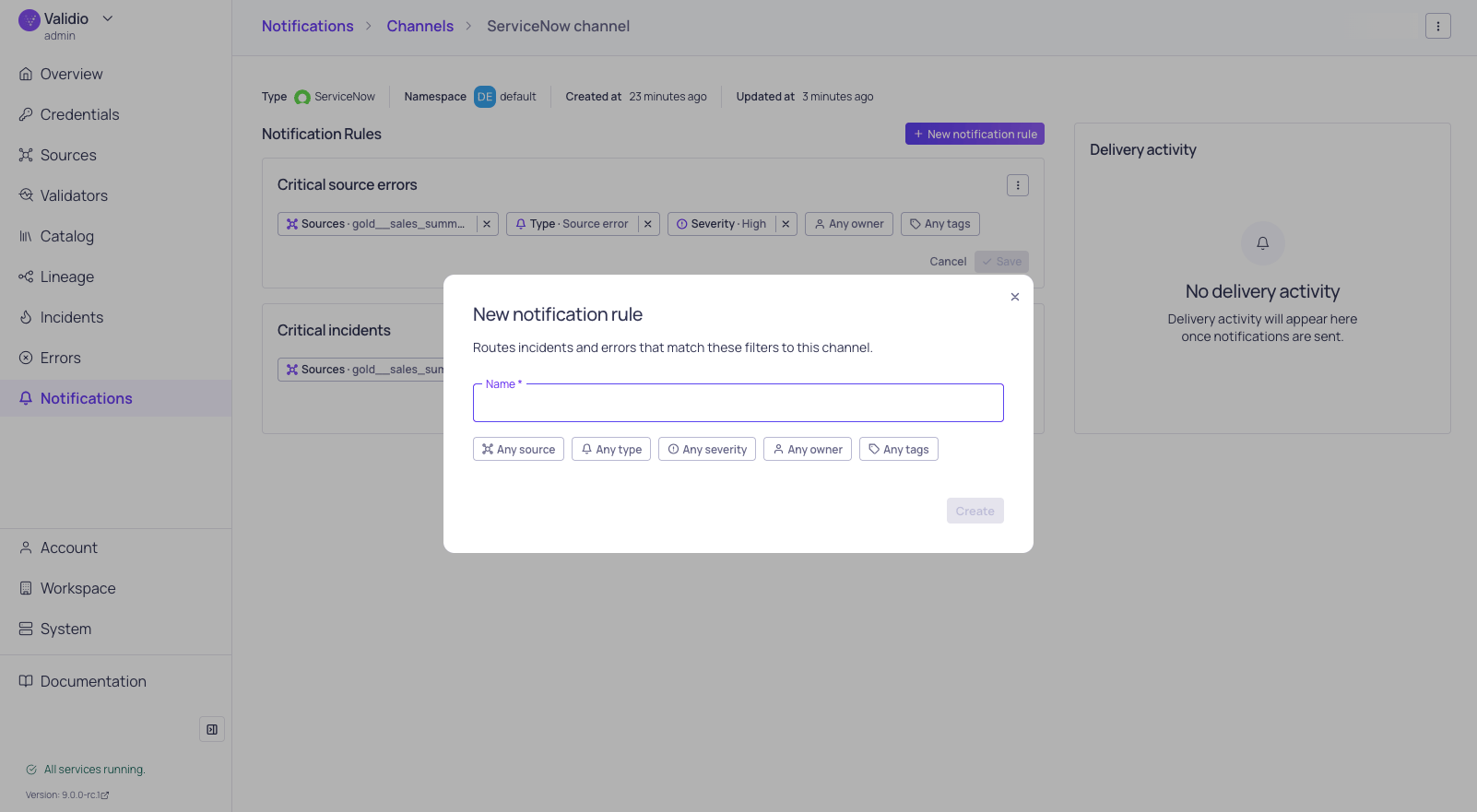 The new notification rule form, with the condition types available for the rule
